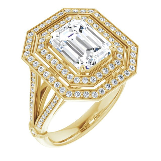 10K Yellow Gold Customizable Cathedral-set Emerald/Radiant Cut Design with Double Halo, Wide Split-Shared Prong Band and Side Knuckle Accents
