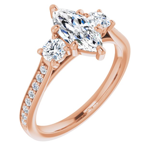 10K Rose Gold Customizable Marquise Cut Cathedral Setting with Filigree Design and Shared Prong Band