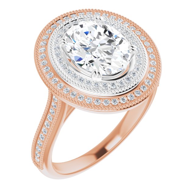 14K Rose & White Gold Customizable Oval Cut Design with Elegant Double Halo, Houndstooth Milgrain and Band-Channel Accents