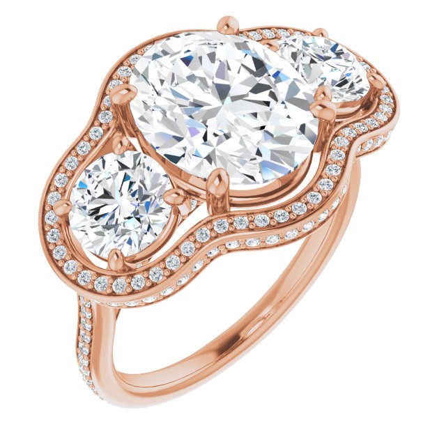 10K Rose Gold Customizable 3-stone Oval Cut Design with Multi-Halo Enhancement and 150+-stone Pavé Band