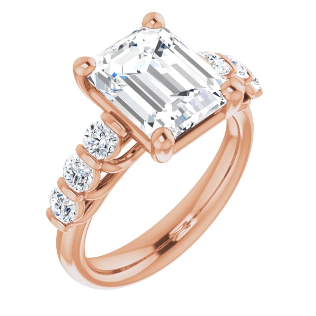 10K Rose Gold Customizable 7-stone Emerald/Radiant Cut Style with Round Bar-set Accents