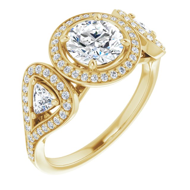 10K Yellow Gold Customizable Cathedral-set Round Cut Design with 2 Trillion Cut Accents, Halo and Split-Shared Prong Band