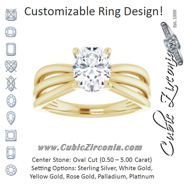 Cubic Zirconia Engagement Ring- The Maha (Customizable Oval Cut Solitaire Design with Wide, Ribboned Split-band)