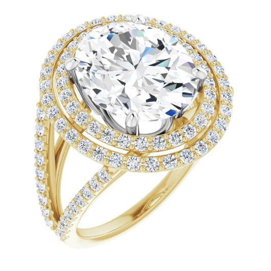 14K Yellow & White Gold Customizable Oval Cut Design with Double Halo and Wide Split-Pavé Band