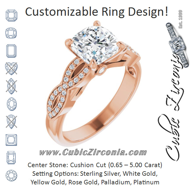 Cubic Zirconia Engagement Ring- The Lakiesha (Customizable Cushion Cut Design featuring Infinity Pavé Band and Round-Bezel Peekaboos)
