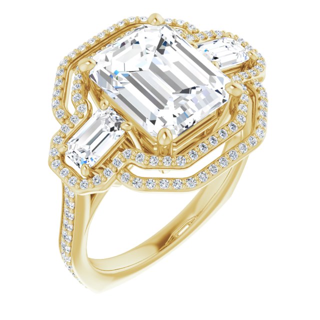 10K Yellow Gold Customizable Enhanced 3-stone Style with Emerald/Radiant Cut Center, Emerald Cut Accents, Double Halo and Thin Shared Prong Band