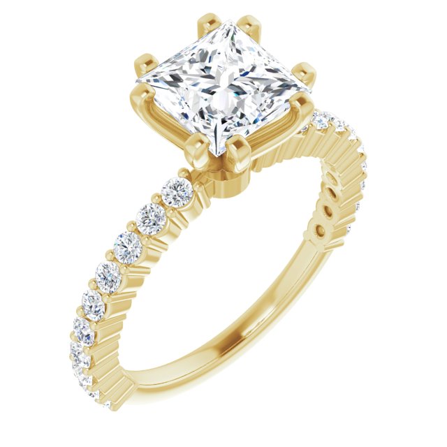 10K Yellow Gold Customizable 8-prong Princess/Square Cut Design with Thin, Stackable Pav? Band