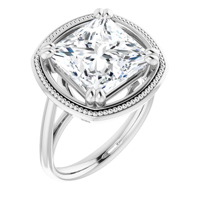 10K White Gold Customizable Princess/Square Cut Solitaire with Metallic Drops Halo Lookalike