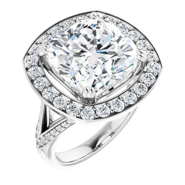 10K White Gold Customizable Cushion Cut Center with Large-Accented Halo and Split Shared Prong Band