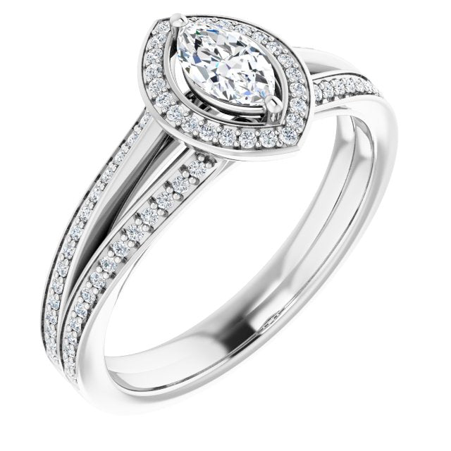 10K White Gold Customizable Marquise Cut Design with Split-Band Shared Prong & Halo