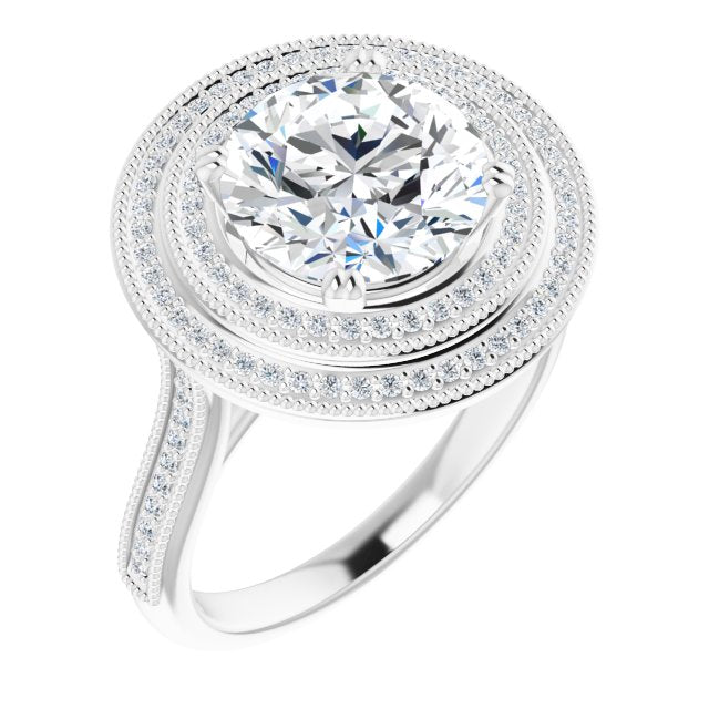 14K White Gold Customizable Round Cut Design with Elegant Double Halo, Houndstooth Milgrain and Band-Channel Accents