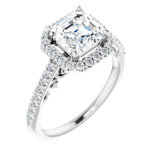 Cubic Zirconia Engagement Ring- The Aiko (Customizable Cathedral-Halo Asscher Cut Design with Carved Metal Accent plus Pavé Band)
