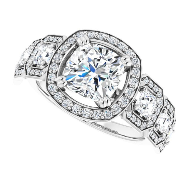 Cubic Zirconia Engagement Ring- The Carmela (Customizable Cathedral-Halo Cushion Cut Design with Six Halo-surrounded Asscher Cut Accents and Ultra-wide Band)