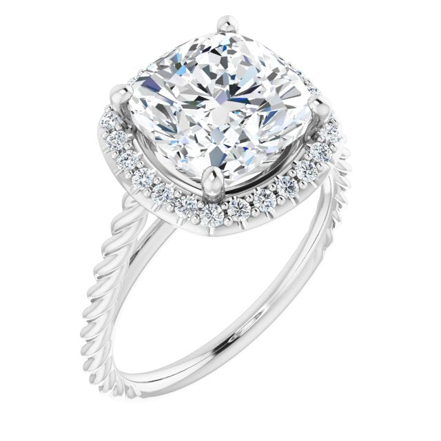 10K White Gold Customizable Cathedral-set Cushion Cut Design with Halo and Twisty Rope Band