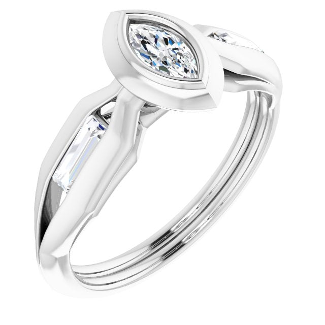 10K White Gold Customizable Bezel-set Marquise Cut Design with Wide Split Band & Tension-Channel Baguette Accents