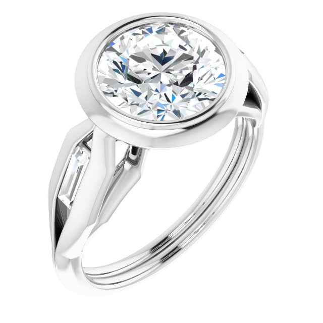 14K White Gold Customizable Bezel-set Round Cut Design with Wide Split Band & Tension-Channel Baguette Accents