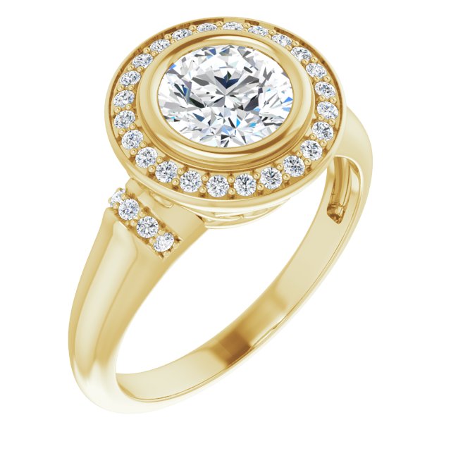 10K Yellow Gold Customizable Bezel-set Round Cut Design with Halo and Vertical Round Channel Accents