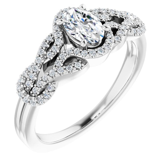 10K White Gold Customizable Oval Cut Design with Intricate Over-Under-Around Pavé Accented Band