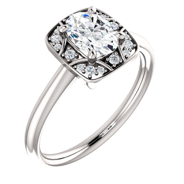 Cubic Zirconia Engagement Ring- The Rachal (Customizable Segmented Cluster-Halo Enhanced Oval Cut Design with Thin Band)