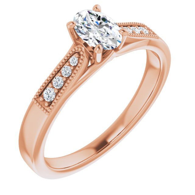 10K Rose Gold Customizable 9-stone Vintage Design with Oval Cut Center and Round Band Accents