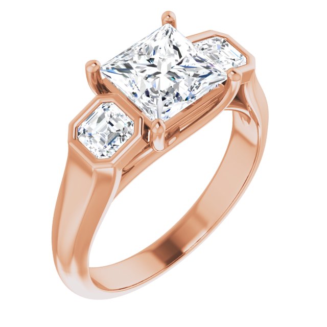 10K Rose Gold Customizable 3-stone Cathedral Princess/Square Cut Design with Twin Asscher Cut Side Stones
