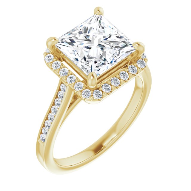 10K Yellow Gold Customizable Princess/Square Cut Design with Halo, Round Channel Band and Floating Peekaboo Accents