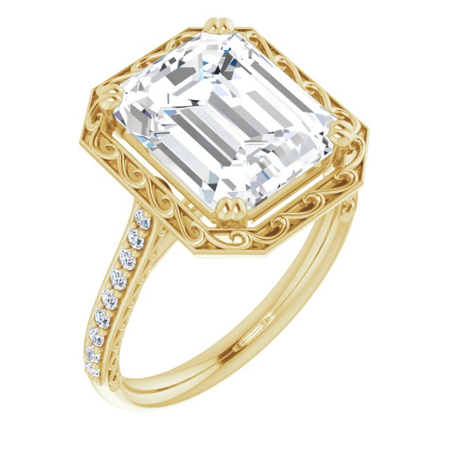 10K Yellow Gold Customizable Emerald/Radiant Cut Halo Design with Filigree and Accented Band