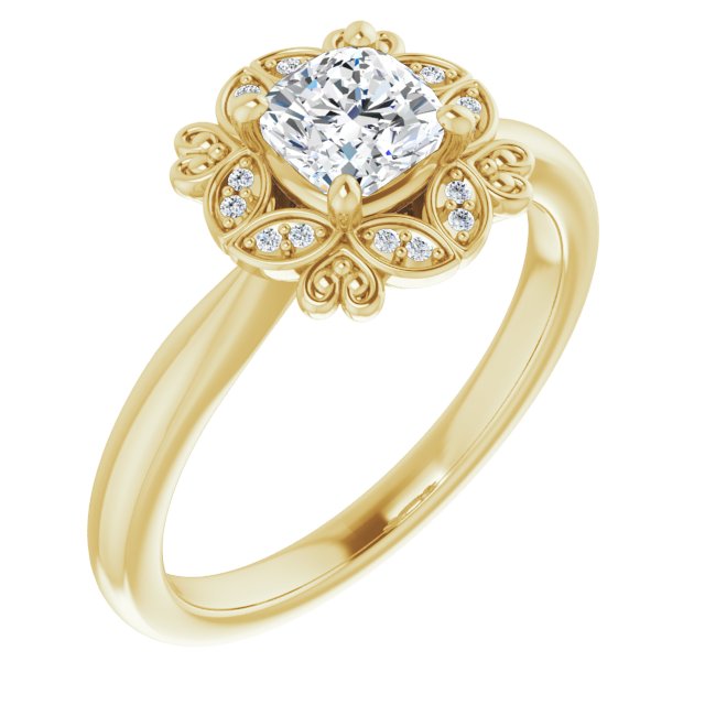 10K Yellow Gold Customizable Cushion Cut Design with Floral Segmented Halo & Sculptural Basket