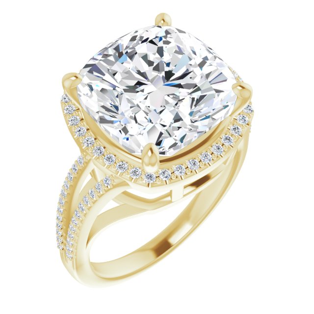 10K Yellow Gold Customizable Cushion Cut Vintage Design with Halo Style and Asymmetrical Split-Pavé Band