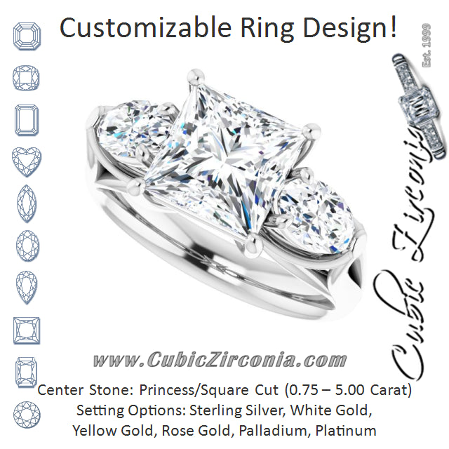 Cubic Zirconia Engagement Ring- The Alondra (Customizable Cathedral-set 3-stone Princess/Square Cut Style with Dual Oval Cut Accents & Wide Split Band)