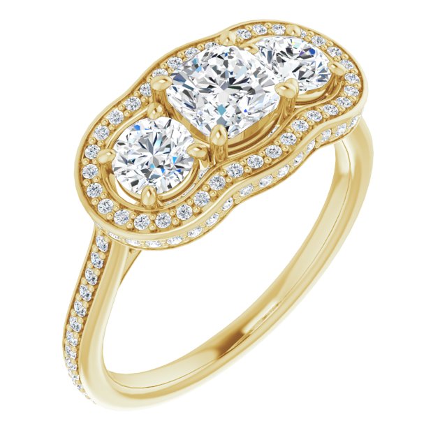 10K Yellow Gold Customizable 3-stone Cushion Cut Design with Multi-Halo Enhancement and 150+-stone Pavé Band
