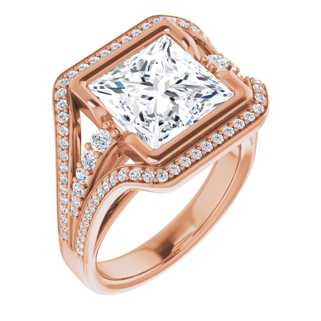 10K Rose Gold Customizable Cathedral-Bezel Princess/Square Cut Design with Wide Triple-Split-Pavé Band
