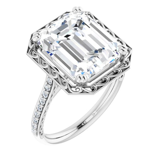 10K White Gold Customizable Emerald/Radiant Cut Halo Design with Filigree and Accented Band