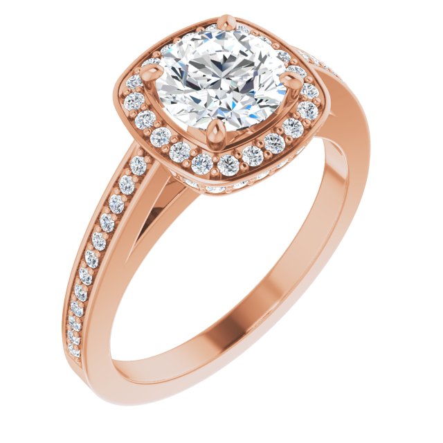 10K Rose Gold Customizable Cathedral-set Round Cut Design with Halo, Thin Pavé Band & Round-Bezel Peekaboos