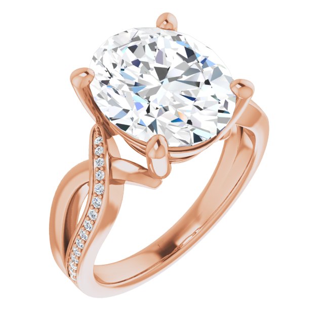 10K Rose Gold Customizable Oval Cut Center with Curving Split-Band featuring One Shared Prong Leg