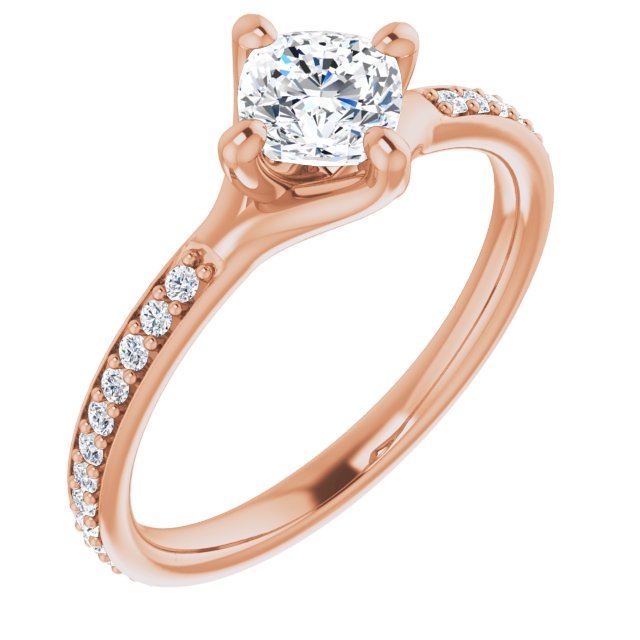 10K Rose Gold Customizable Cushion Cut Design featuring Thin Band and Shared-Prong Round Accents