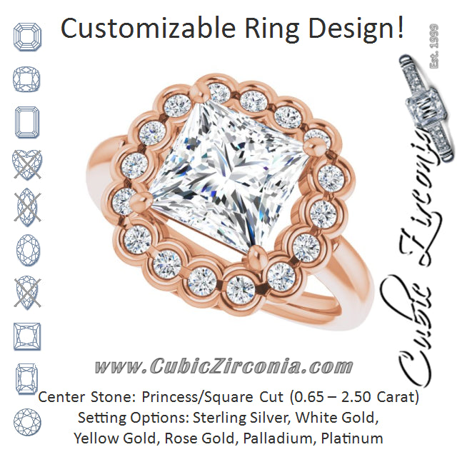 Cubic Zirconia Engagement Ring- The Aabha (Customizable 13-stone Princess/Square Cut Design with Floral-Halo Round Bezel Accents)