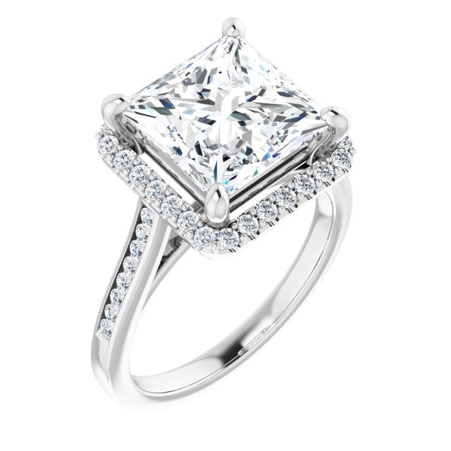 10K White Gold Customizable Princess/Square Cut Design with Halo, Round Channel Band and Floating Peekaboo Accents