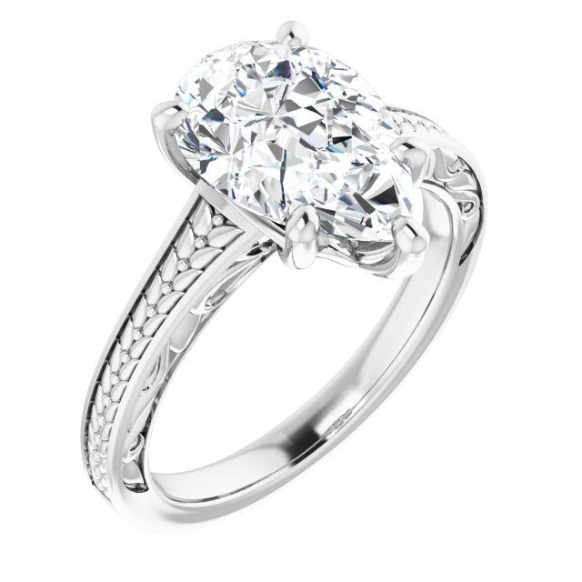10K White Gold Customizable Pear Cut Solitaire with Organic Textured Band and Decorative Prong Basket