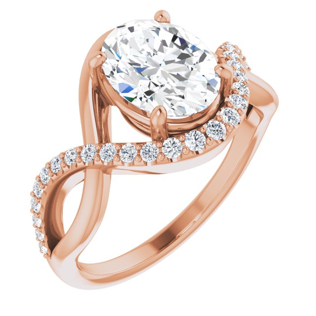 10K Rose Gold Customizable Oval Cut Design with Semi-Accented Twisting Infinity Bypass Split Band and Half-Halo