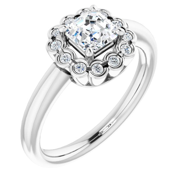 10K White Gold Customizable 13-stone Asscher Cut Design with Floral-Halo Round Bezel Accents