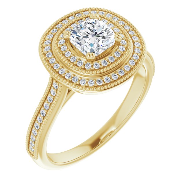 10K Yellow Gold Customizable Cushion Cut Design with Elegant Double Halo, Houndstooth Milgrain and Band-Channel Accents