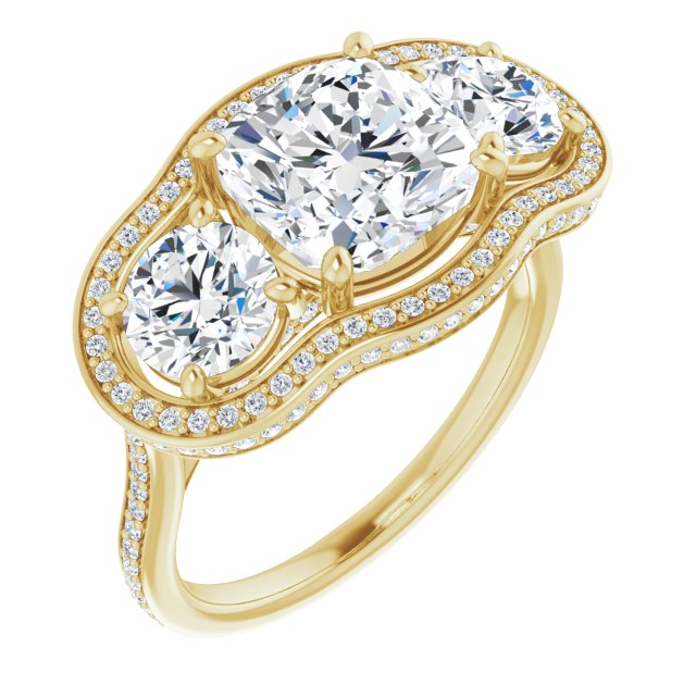 10K Yellow Gold Customizable 3-stone Cushion Cut Design with Multi-Halo Enhancement and 150+-stone Pavé Band