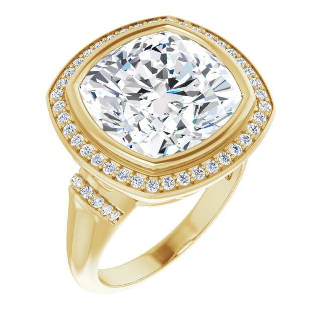 10K Yellow Gold Customizable Bezel-set Cushion Cut Design with Halo and Vertical Round Channel Accents