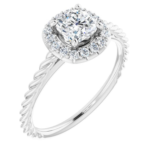 10K White Gold Customizable Cathedral-set Cushion Cut Design with Halo and Twisty Rope Band