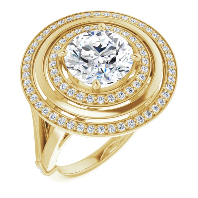 14K Yellow Gold Customizable Round Cut Oversized 2x Halo Style with Knuckle Accented Split Band