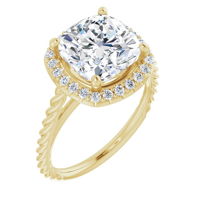 10K Yellow Gold Customizable Cathedral-set Cushion Cut Design with Halo and Twisty Rope Band