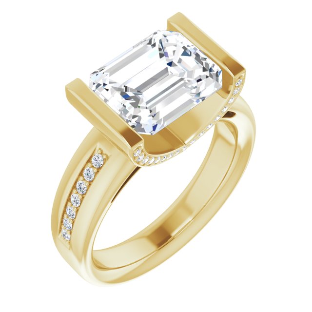10K Yellow Gold Customizable Cathedral-Bar Emerald/Radiant Cut Design featuring Shared Prong Band and Prong Accents