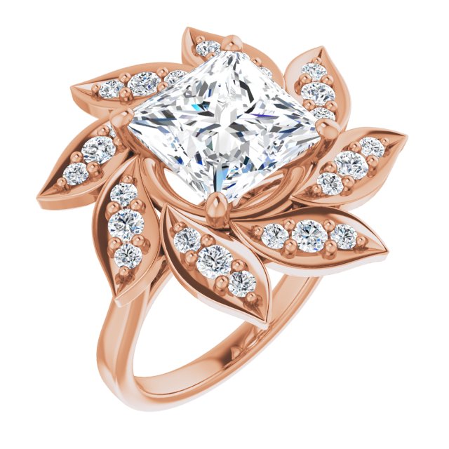 10K Rose Gold Customizable Princess/Square Cut Design with Artisan Floral Halo