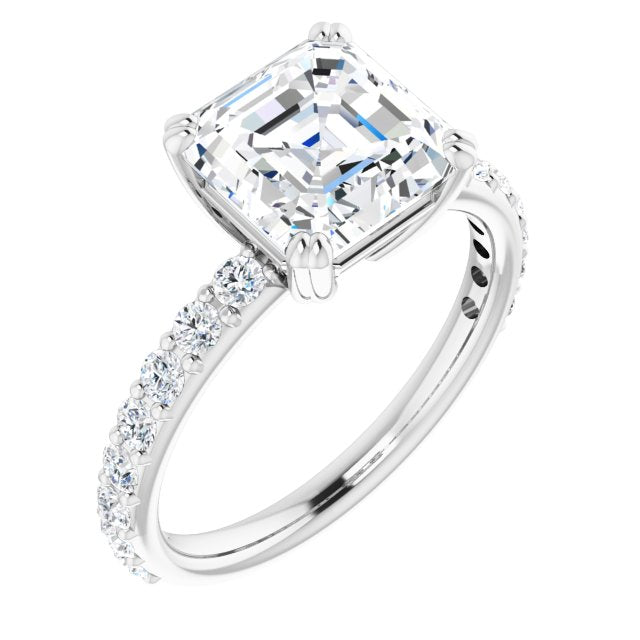 10K White Gold Customizable Asscher Cut Design with Large Round Cut 3/4 Band Accents
